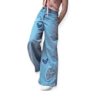 Social Tourist Ultra High Rise Baggy Jeans Wide Leg Heart Patches Bohemian